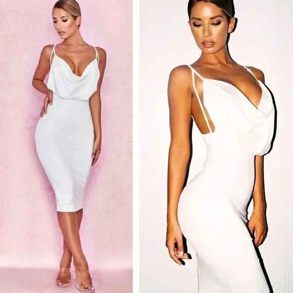 NEW House of CB Samara White Drapey Jersey Cowl Neck Spaghetti Strap Midi Dress - Picture 2 of 10